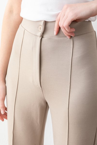 OLİZZA Women's Beige Buttoned Modal High Waist Trousers |   Relaxed Fit, Stretch Fabric , Shaping / Sculpting , Casual & Office