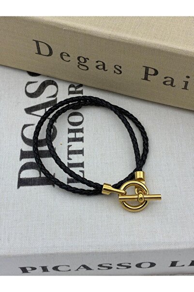 Hedef Bijuteri Black Color Gold Round Detailed Double Row Rope Knit Detail Br...