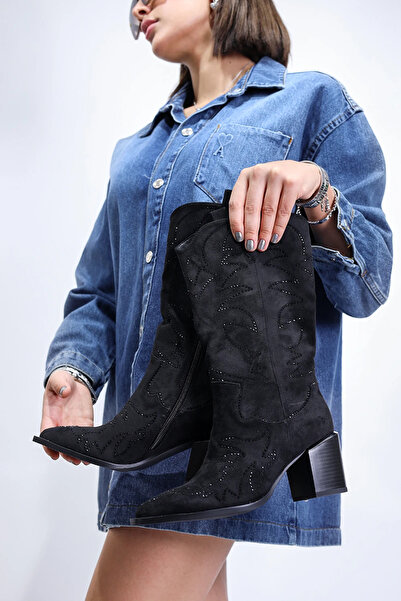 Guja Adit Guja Nubuk Sayalı Üzeri Taş İşlemeneli Yarım Vestern Kışlık Çizme