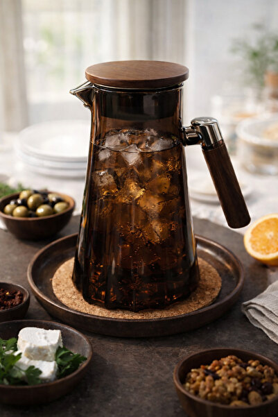 akdenizhome Isıya Dayanıklı Borosilikat Cam Sürahi - 2 Litre Akasya Ahşap Saplı