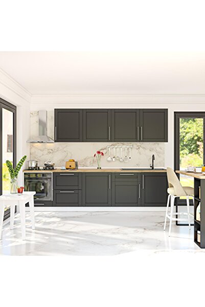 DEKOREX Pia Antrasit 300 Cm Antrasit Fırın Ve Çekmece Modüllü Meşe Tezgahlı H...