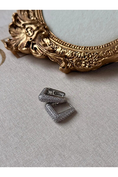 LEROSY CO. Medium Size Zircon Stone Square Silver Color Stainless Steel Earrings