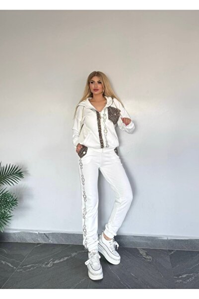 RED WOMAN FASHİON Leopard Detailed Hooded Zippered Top and Bottom Set