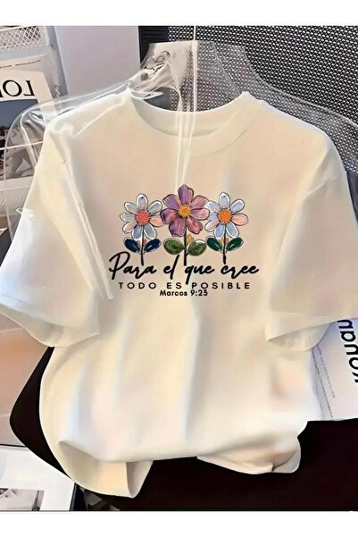 Oceanwear Çiçek Printed Crew Neck Short Sleeve Women's Plain White Tshirt