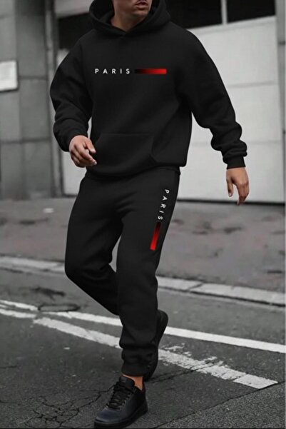 NO 601 Men's Black Red Paris Printed Hooded Black Sweatpants Set