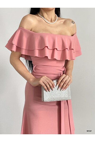 AR Wholesale - Omuzları Açık Volanlı Krep Elbise