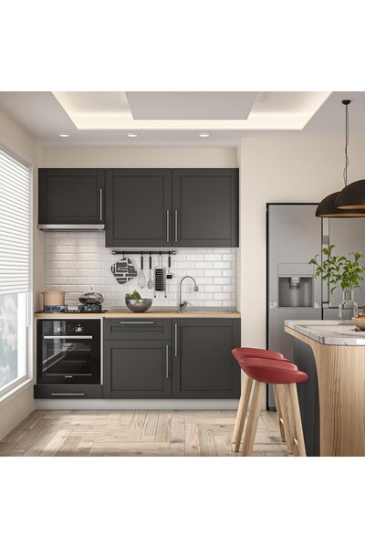 DEKOREX Pia Antrasit 180 Cm Antrasit Aspiratör Ve Fırın Modüllü Meşe Tezgahlı...