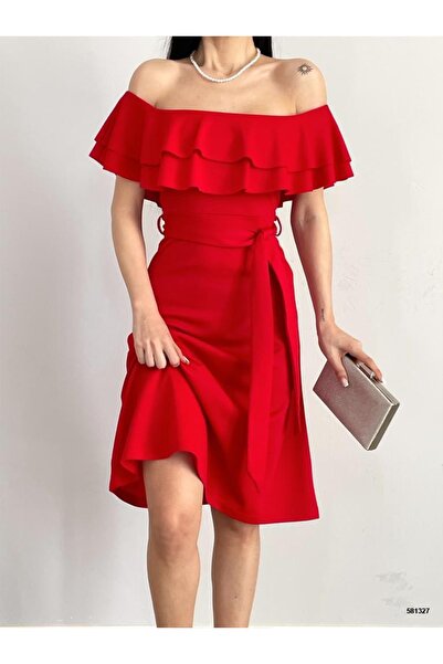 AR Wholesale - Omuzları Açık Volanlı Krep Elbise
