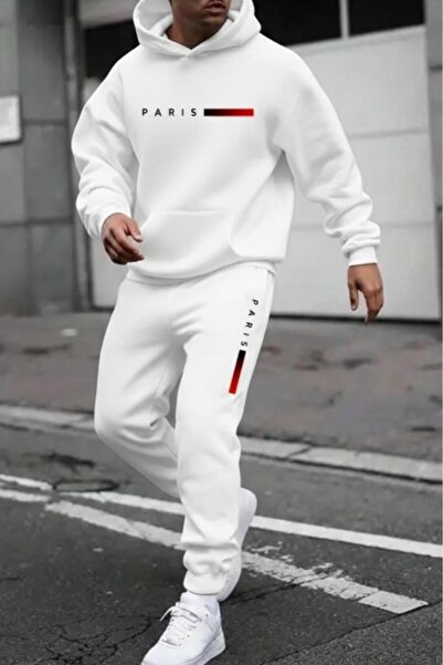 NO 601 Men's White Red Paris Printed Hooded White Sweatpants Set