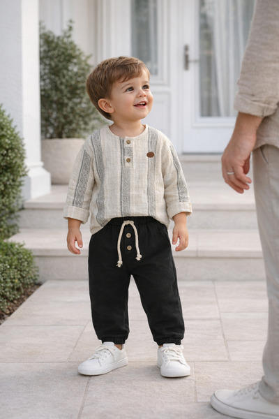 Babyhola Hakim Collared Pants Muslin Fabric Baby Boy Double Set