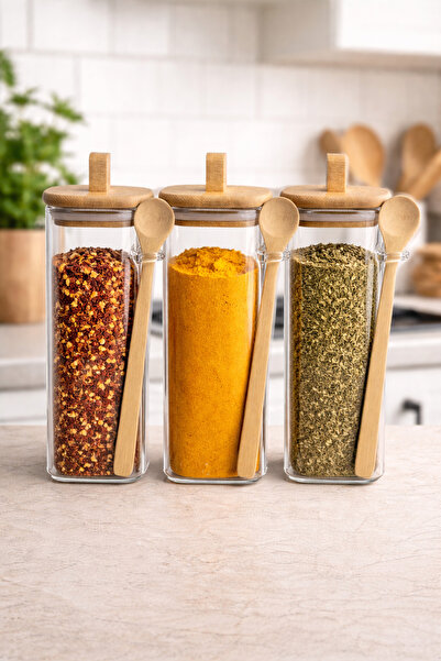 Kitchen Way Bamboo Lid and Spoon Set with 3 Borosilicate 400ml Square Jars Kw...