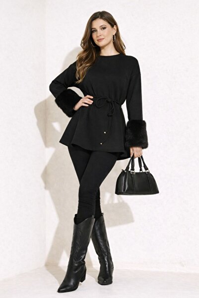 MIHRA NOIR Kol Kürk Detaylı Belden Bağlamalı Scuba Tunik