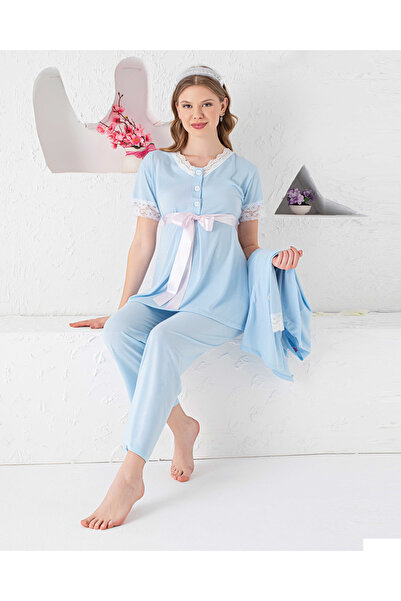 JENİKA Light Blue Buttoned Lace Detailed 3-Piece Maternity Pajama Set |   Wit...