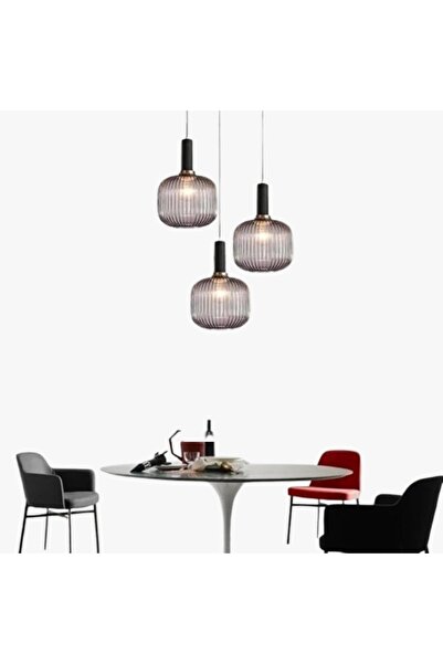 Rsylight Retro Metal Siyah Füme Opal Camlı 3 Lü Dekoratif Sarkıt