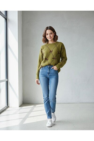 ANUBİS Women's Diamond Patterned Crew Neck Knitwear Sweater