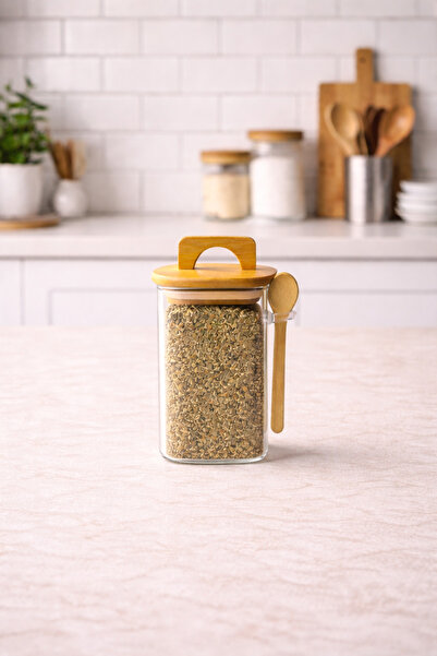 Kitchen Way Borosilicate 250ml Square Jar with Bamboo Lid and Spoon Kw-796