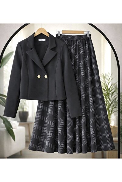 TrendParis Imported Dalgıç Fabric Checkered Skirt & K Double-Breasted Jacket Set