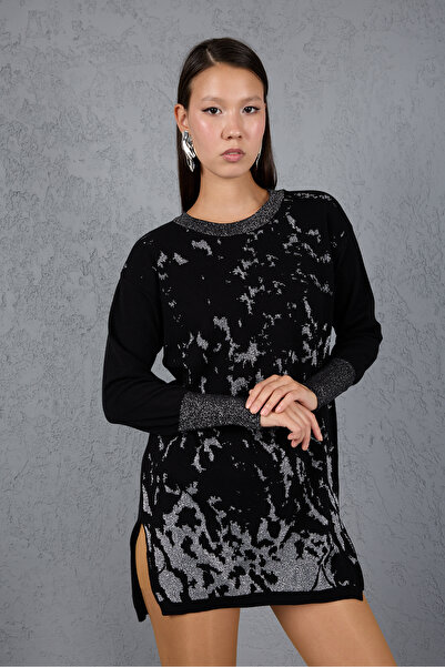 Moda Days Sim Patterned Wide Cuffed Side Slit Crew Neck Knitwear Blouse