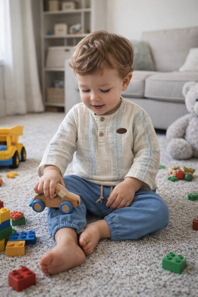 Babyhola Hakim Collared Pants Muslin Fabric Baby Boy Double Set