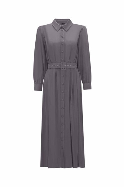 MISS DALIDA Kemerli Cupro Gömlek Yaka Antrasit Elbise