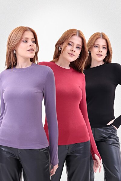 Yade Fashion Parmak Detaylı Bisiklet Yaka Body 3'lü Set