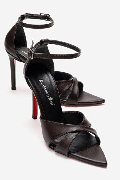 Ayakkabı Ateşi Women's Brown Leather Pointed Toe T-Strap Design Heeled Shoes ...