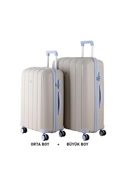 MÇS Bavul Büyük ve Orta 2li Set Kırılmaz Silikon Valiz V305 Kemik/Bebe Mavi