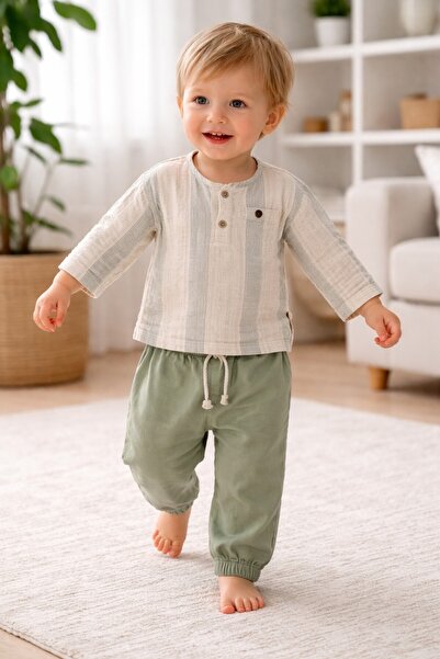 Babyhola Eid Special Baby Boy Two-Piece Set Stand Collar Trousers Muslin Fabr...