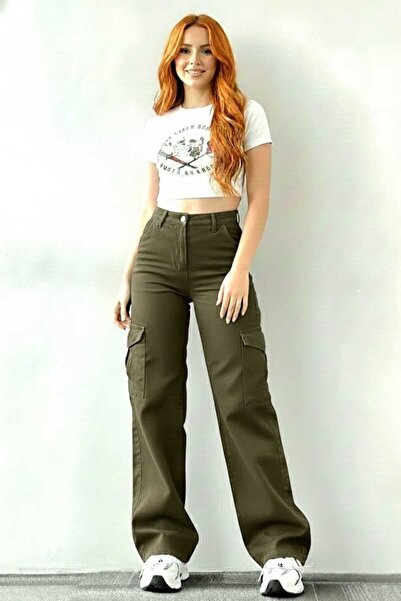 NWC Maribel Stretch Fabric Casual Cargo No Back Pocket Khaki Super High Waist...