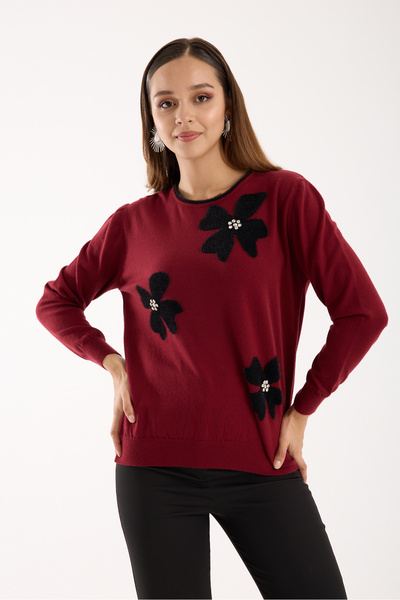 Moda Days Stone Detailed Floral Appliqued Contrast Piped Crew Neck Knitwear B...