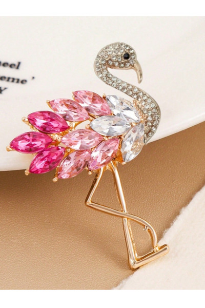 ELENKA ZİRKON TAŞLI VE PEMBE KRİSTAL TAŞLI GOLD KUĞU BROŞ