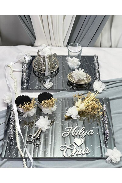 Cyz Home Сребърна огледална тава за годежни пръстени Тава за кафе на младожен...