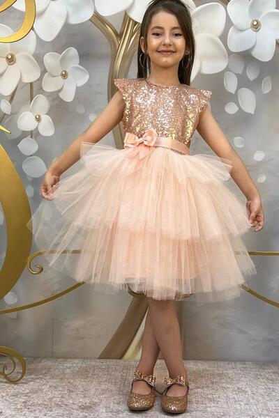 Riccotarz Girl's Top with Pulpayet Embroidery, Layered Salmon Evening Dress, ...