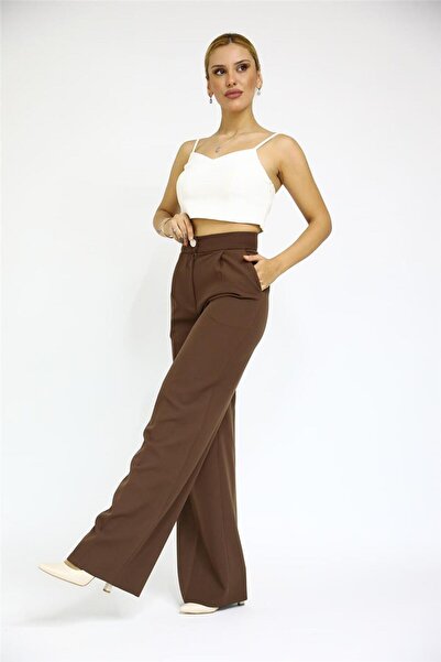ÖNDER ÖZSOY High Waist Pocketed Palazzo Women's Trousers-Chestnut