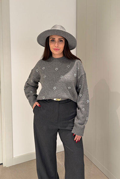 MAGARDE Kristal Taş Detaylı Triko- GRİ