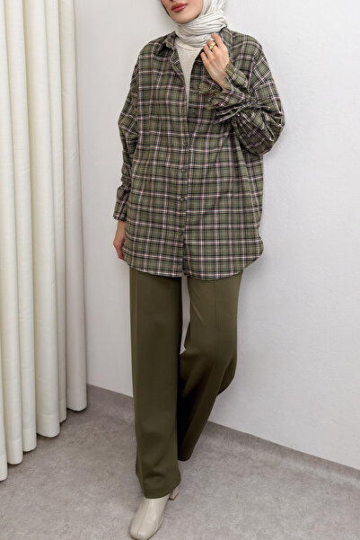 Salih Çelebi Pleated Sleeve Plaid Shirt 0067 - Khaki