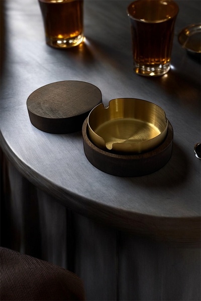GİSVOL Dark Wood Ashtray with Lid Ashtray with Stainless Metal Bowl for Home, Office and Cafe Dark Gold