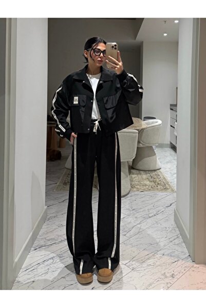 sinemkivanc co Black Trouser Jacket Set with Design Stripe Lettering Detail