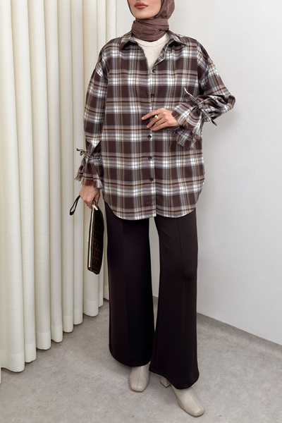 Salih Çelebi Pleated Sleeve Plaid Shirt 0067 - Brown