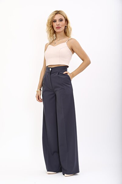 ÖNDER ÖZSOY بنطلون نسائي عالي الخصر بجيوب - لون دخاني