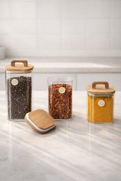 Kitchen Way Acacia Gasket Lid Jar Set Spice Container Kw-770-3 Series