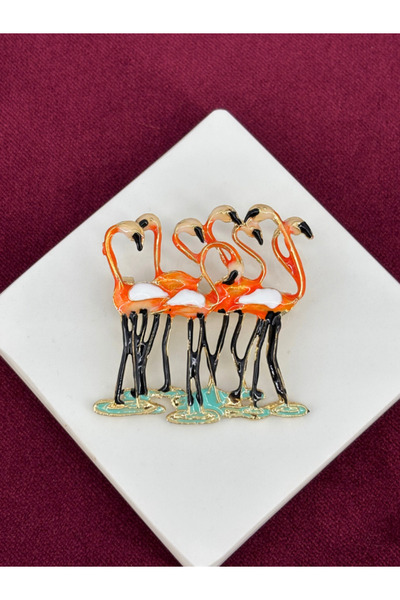 Turuncu Renkli Mavi Detaylı Flamingo Figürlü Gold Broş
