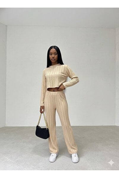 THEBEK Winter Ruffle Modal Bottom Top Crop and Pants Set