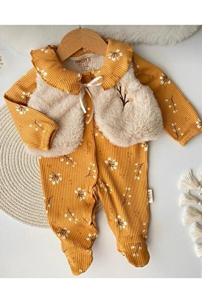 ALTINTAŞ BABY Plush Vest with Floral Pattern, Ribbed Stretchy Fabric, Snap Fa...