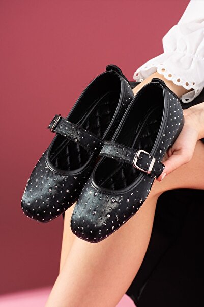 FUGA MODA Adora Чорні атласні балетки з камінням, срібною пряжкою та товстою ...