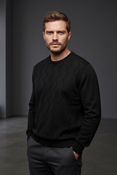 WEMSEY 0 Collar Baklava Pattern 100% Cotton Black Knitwear Sweater