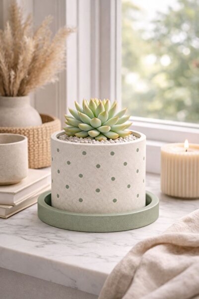 OrganicArtShop Organicart Puantiyeli Sukulent Saksı Pastel Yeşil (Bitkisiz)
