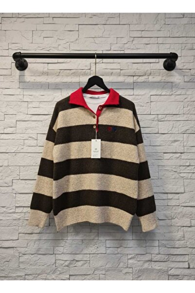 Telablanka Polo Neck Striped Sweater with Heart Detail _Brown