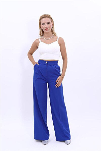 ÖNDER ÖZSOY High Waist Pocketed Palazzo Women's Trousers- Cobalt
