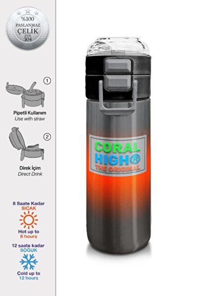 Coral High Kids Gri Turuncu Renk Geçişli Pipetli ve Direkt İçim Çelik Termos ...